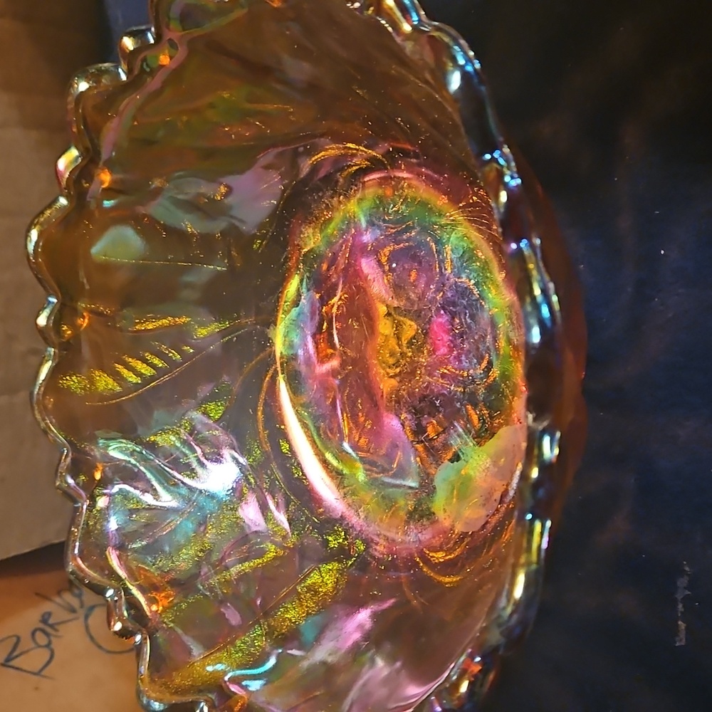 Marigold Carnival Glass iridescent large footed bowl- stunning. Rare